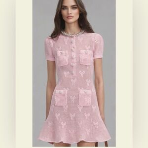 Self Portrait Pink Bow Crystal & Pearl Short-Sleeve Crochet Dress size Small
